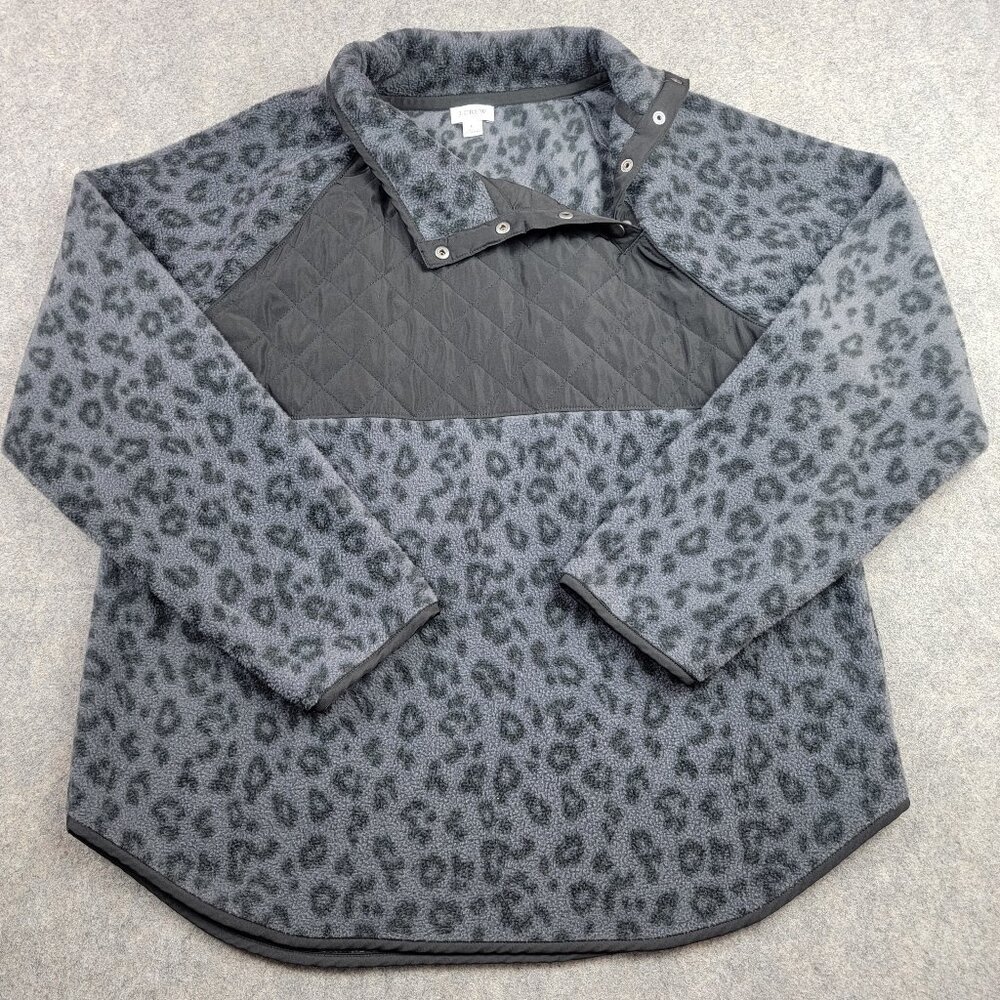 J Crew Pullover Womens Large Gray Leopard Print Quilted Snap Fleece Sweater